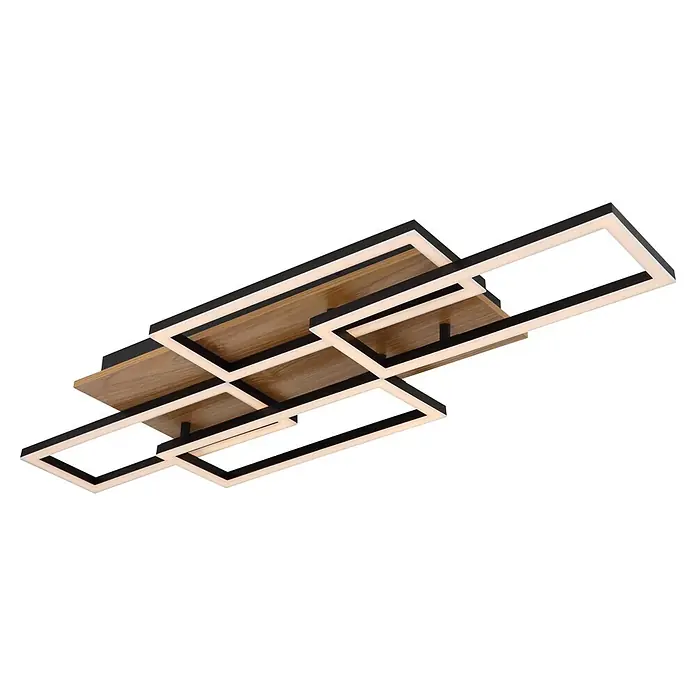Globo LED-Deckenleuchte Jeffry - 40 W, L x B x H: 875 x 325 x 75 mm - Moderne Deckenleuchte mit schwarzen geometrischen Rahmen, integrierten LED-Streifen und einer hellen Holzplatte.