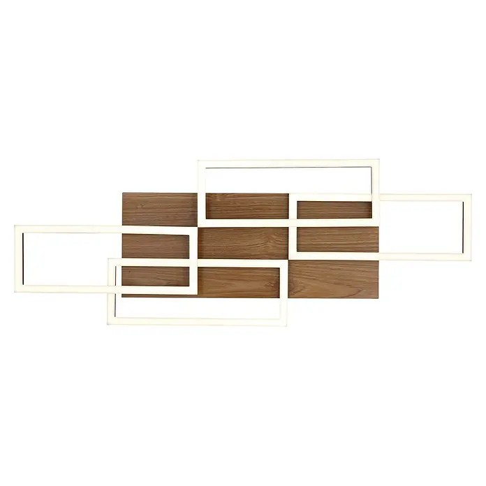 Globo LED-Deckenleuchte Jeffry - 40 W, L x B x H: 875 x 325 x 75 mm - Dekorative LED-Leuchte mit weißen leuchtenden Rechteckrahmen und braunen Holzpaneelen, geometrisch angeordnet.