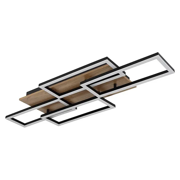 Globo LED-Deckenleuchte Jeffry - 40 W, L x B x H: 875 x 325 x 75 mm - Moderne geometrische Deckenleuchte mit verbundenen schwarzen und weißen Rechteckrahmen und hellem Holzdekor.