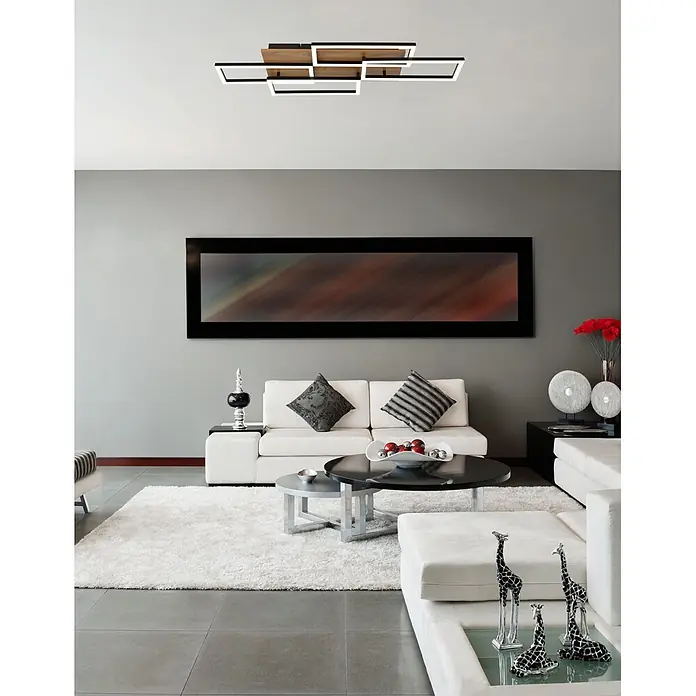 Globo LED-Deckenleuchte Jeffry - 40 W, L x B x H: 875 x 325 x 75 mm - Moderne Deckenleuchte mit schwarzen und hölzernen rechteckigen Rahmen, die den Wohnbereich beleuchtet.