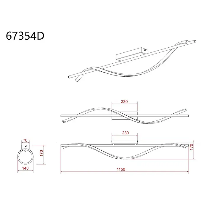 Globo LED-Deckenleuchte Watkins - 20,5 W, L x B x H: 1.150 x 140 x 170 mm - Technische Zeichnung einer modernen, langen, wellenförmigen LED-Leuchte mit Maßen.