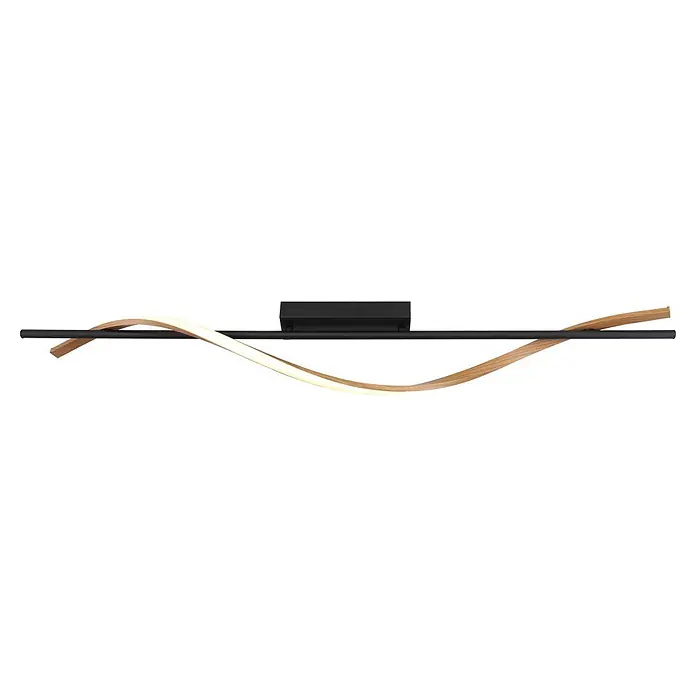 Globo LED-Deckenleuchte Watkins - 20,5 W, L x B x H: 1.150 x 140 x 170 mm - Lange schwarze Deckenleuchte mit zwei ineinander verschlungenen, beleuchteten, wellenförmigen Holzstreifen.