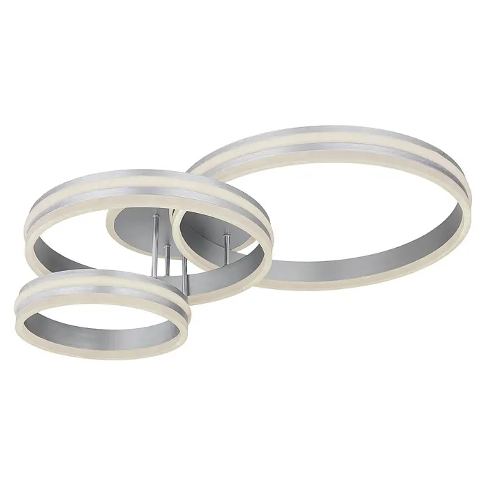 Globo LED-Deckenleuchte Rubio - 72 W, L x B x H: 800 x 600 x 200 mm - Moderne LED-Deckenleuchte mit drei ineinandergreifenden Ringen aus gebürstetem Silber und weißen Lichtstreifen.