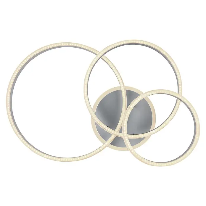 Globo LED-Deckenleuchte Rubio - 72 W, L x B x H: 800 x 600 x 200 mm - Moderne LED-Deckenleuchte mit drei ineinandergreifenden, beleuchteten Ringen auf silberfarbenem Rundsockel.