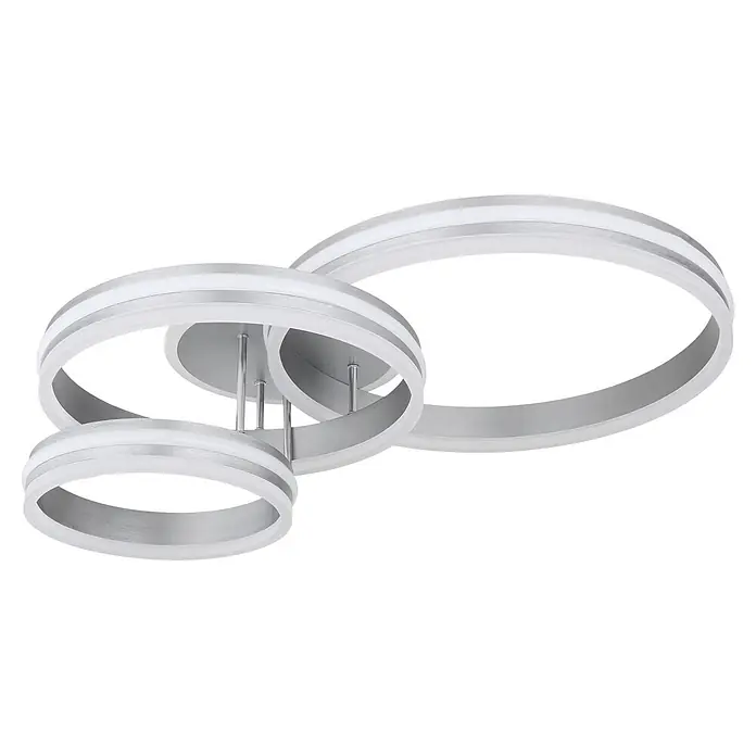 Globo LED-Deckenleuchte Rubio - 72 W, L x B x H: 800 x 600 x 200 mm - Moderne LED-Deckenleuchte mit überlappenden runden Ringen aus gebürstetem Aluminium und weißen Diffusoren.