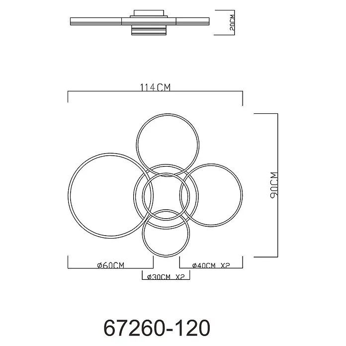 Globo LED-Deckenleuchte Rubio - 120 W, L x B x H: 1.140 x 900 x 200 mm - Technische Zeichnung einer modernen LED-Deckenleuchte mit ineinandergreifenden Ringen (Durchmesser 60, 40, 30 cm), Maße 114x90x20cm.