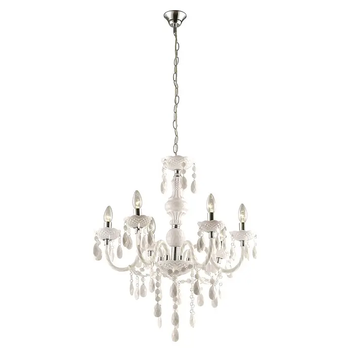 Globo Pendelleuchte Cuimbra - 1.660 mm, E14 - Weißer Kronleuchter mit mehreren Lichtern und Kristallakzenten, an einer Metallkette hängend.