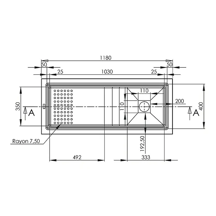 Carea Einbauspüle Vague - 118 x 50 cm, Schwarz, Material Spüle: CAREAgranit® - Schematische Darstellung einer Spüle mit verschiedenen Maßangaben für den Installationsprozess.