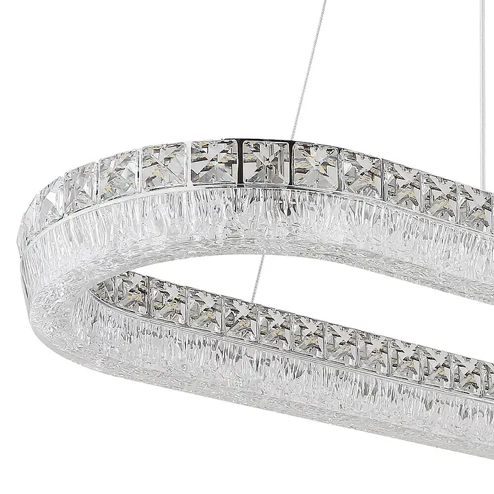 Globo LED-Pendelleuchte rund Laurel - 40 W, L x B x H: 1.001 x 315 x 1.200 mm - Moderne LED-Kristallleuchte mit gebogenem, länglichem Design, mit facettierten quadratischen Kristallen und strukturierten klaren Paneelen.