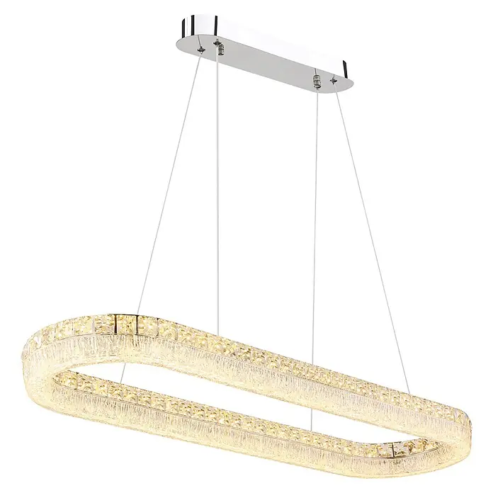 Globo LED-Pendelleuchte rund Laurel - 40 W, L x B x H: 1.001 x 315 x 1.200 mm - Moderne, längliche ovale Kristall-LED-Pendelleuchte, warm leuchtend, an silberner Deckenplatte hängend.