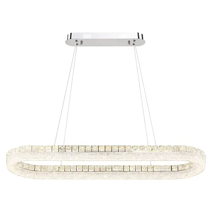 Globo LED-Pendelleuchte rund Laurel - 40 W, L x B x H: 1.001 x 315 x 1.200 mm - Ovale Doppelring-Kristall-LED-Pendelleuchte, von einer Chrom-Deckenbasis abgehängt.