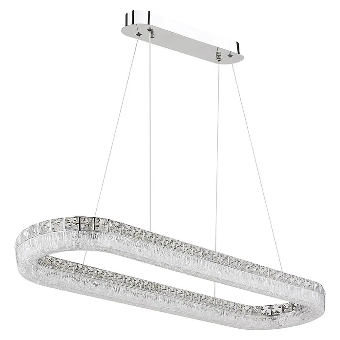Globo LED-Pendelleuchte rund Laurel - 40 W, L x B x H: 1.001 x 315 x 1.200 mm - Moderner, länglicher Kristall-Kronleuchter mit zwei ovalen Ringen und Chrom-Finish.