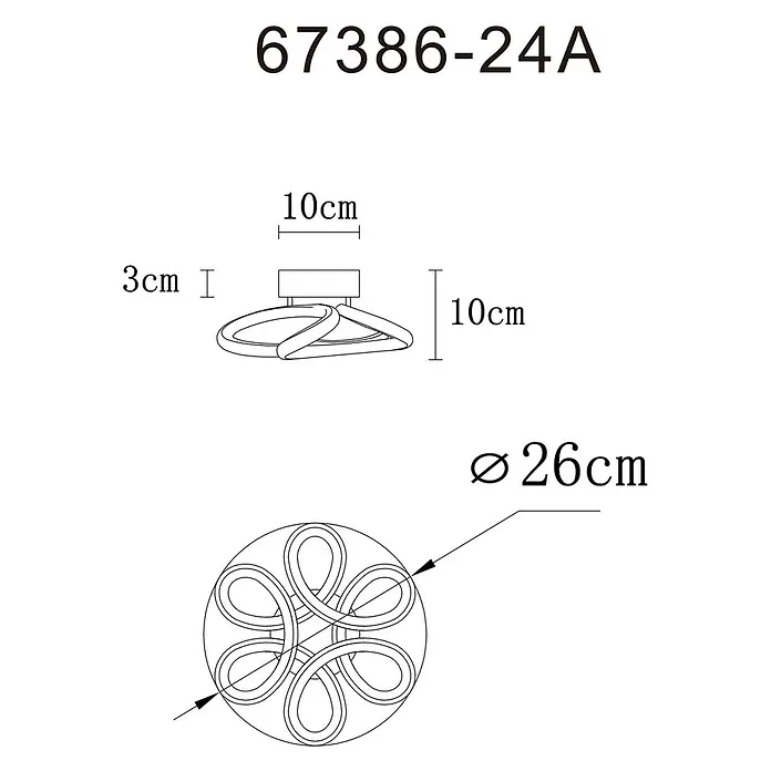 Globo LED-Deckenleuchte Melisand - 24 W - Technische Zeichnung einer runden Deckenleuchte mit verschlungenen Zierschleifen. Maße: Ø26cm, H10cm.