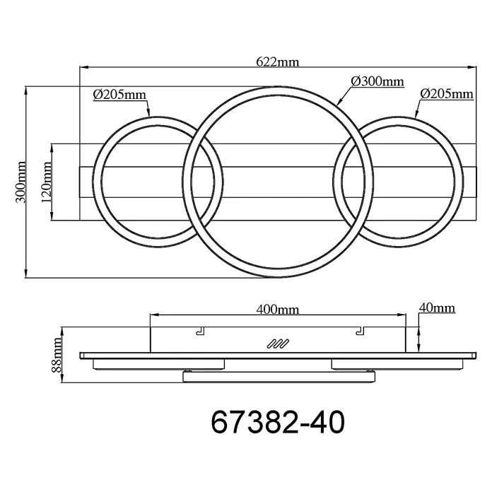 Globo LED-Deckenleuchte Norberto - 40 W, L x B x H: 622 x 300 x 88 mm, Neutralweiß - Technische Zeichnung einer Leuchte mit drei verbundenen Ringen, 622x300x88mm, Ø300mm Mitte, zwei Ø205mm Seitenringe.