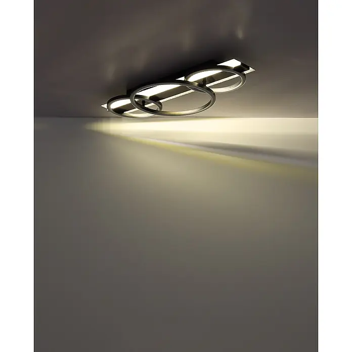 Globo LED-Deckenleuchte Norberto - 40 W, L x B x H: 622 x 300 x 88 mm, Neutralweiß - Moderne Deckenleuchte aus dunklem Metall mit drei Ringen und warmem LED-Licht, das Decke und Wand beleuchtet.