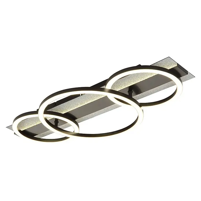Globo LED-Deckenleuchte Norberto - 40 W, L x B x H: 622 x 300 x 88 mm, Neutralweiß - Moderne Deckenleuchte aus dunklem Metall mit drei verbundenen Ringen und glitzerndem Rechtecksockel, strahlt helles weißes Licht aus.
