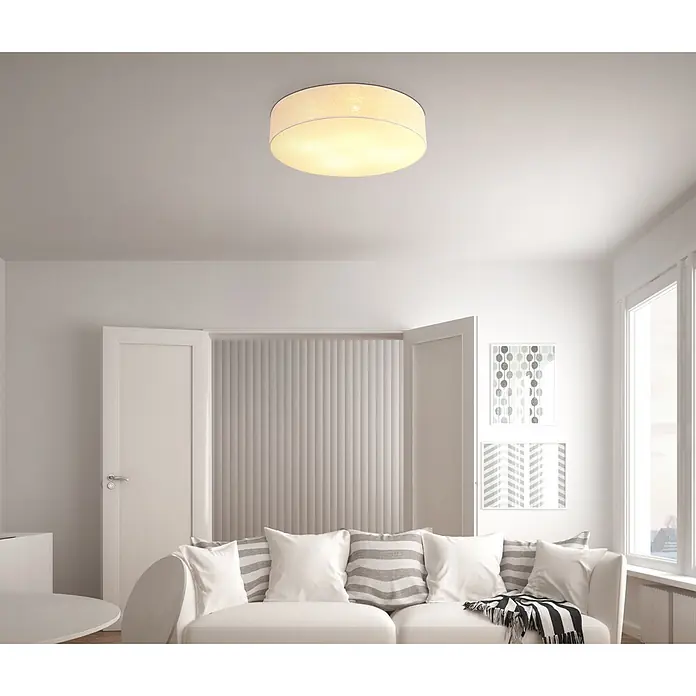 Globo LED-Deckenleuchte rund Jule - 7 W, Ø x H: 58 cm x 155 mm - Runde Stoffdeckenleuchte, die warmes, diffuses Licht in einem modernen Wohnzimmer spendet.