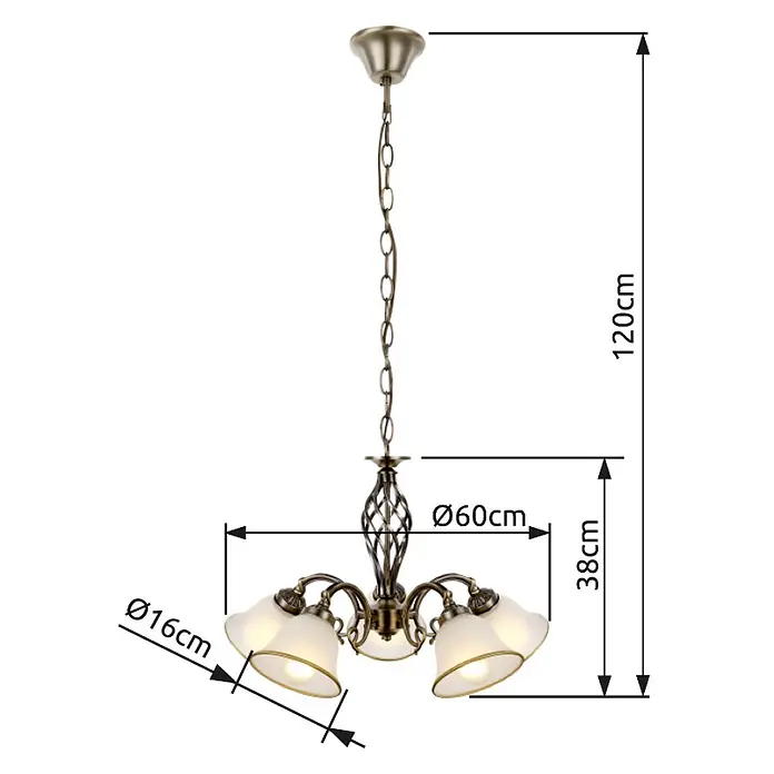 Globo Pendelleuchte Odin - 60 W, Höhe: 120 cm, E27 - Dreiflammiger Kronleuchter in Antikbronze-Optik mit mattierten Glasschirmen.