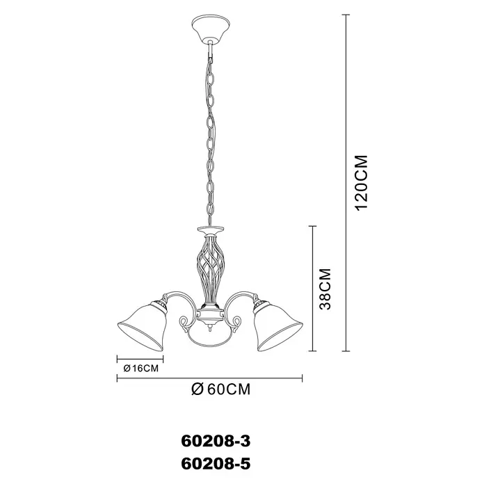 Globo Pendelleuchte Odin - 60 W, 120 cm, Anzahl Leuchtmittel: 3 Stk. - Strichzeichnung eines dreiflammigen Kronleuchters mit gedrehtem Stamm und Kettenaufhängung, 120cm H x 60cm B.