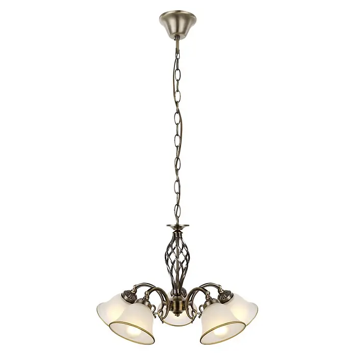 Globo Pendelleuchte Odin - 60 W, Höhe: 120 cm, E27 - Antike Messing-Kronleuchter mit Kette, gedrehtem Säulenfuß und drei beleuchteten mattierten Glasschirmen.