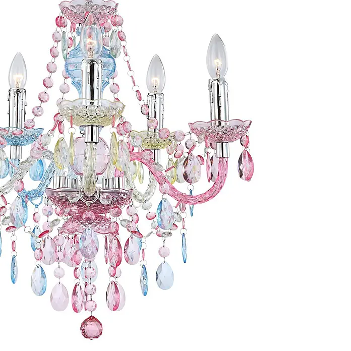 Globo Pendelleuchte Nevada - 40 W, Höhe: 149 cm, E14 - Bunter Kristallleuchter mit rosa, blauen und gelben Elementen und mehreren Kerzenlampen.