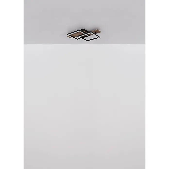 Globo LED-Deckenleuchte Jeffry - 16 W, L x B x H: 440 x 330 x 85 mm, Warmweiß - Moderne geometrische Deckenleuchte mit überlappenden schwarzen und weißen Quadratrahmen auf Holzbasis.