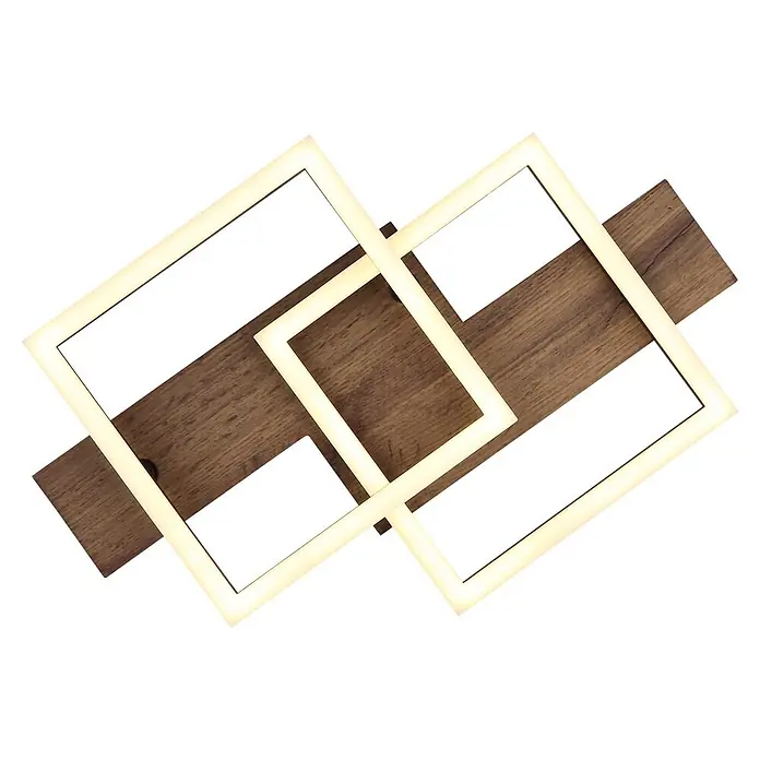 Globo LED-Deckenleuchte Jeffry - 16 W, L x B x H: 440 x 330 x 85 mm, Warmweiß - Moderne LED-Leuchte mit drei überlappenden, beleuchteten quadratischen Rahmen auf einem Holzsockel.
