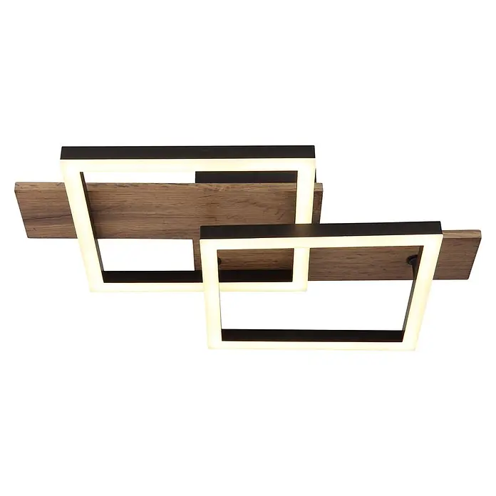 Globo LED-Deckenleuchte Jeffry - 16 W, L x B x H: 440 x 330 x 85 mm, Warmweiß - Moderne LED-Deckenleuchte mit dunkler Holzbasis und zwei überlappenden schwarzen Rechteckrahmen mit warmweißem Licht.