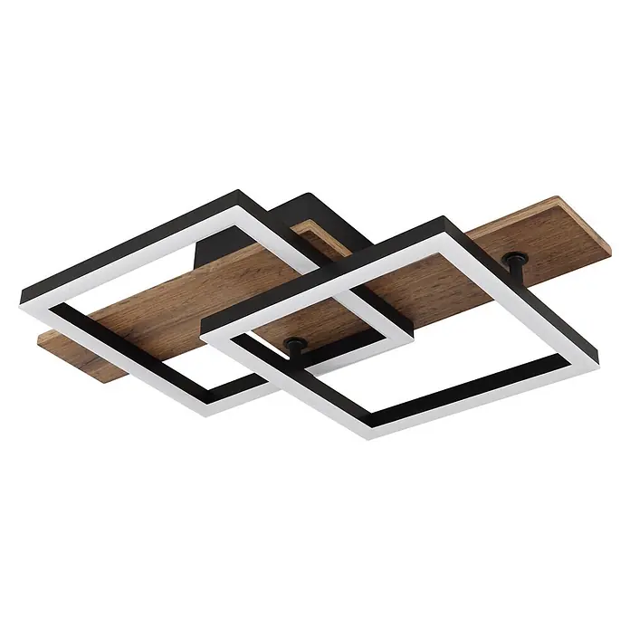 Globo LED-Deckenleuchte Jeffry - 16 W, L x B x H: 440 x 330 x 85 mm, Warmweiß - Moderne LED-Deckenleuchte mit dunklen Holzplatten und überlappenden schwarzen Metallrahmen mit integrierten weißen Lichtstreifen.