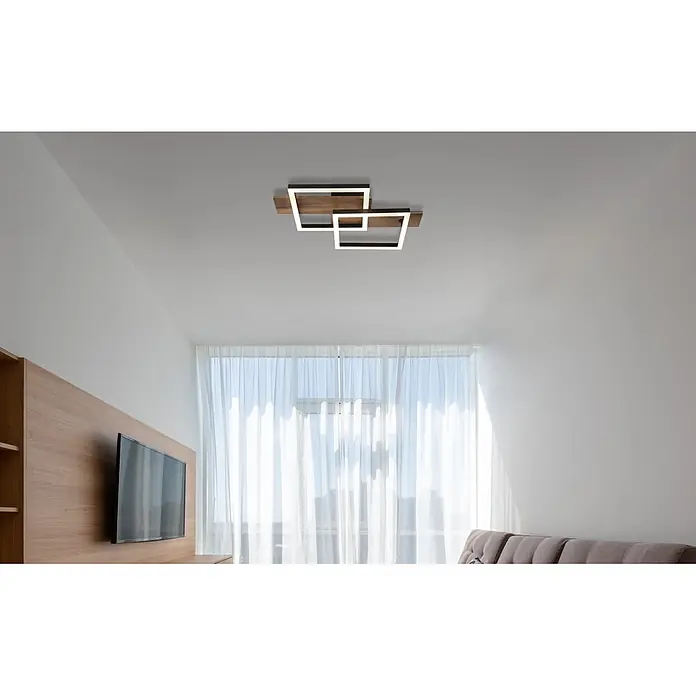 Globo LED-Deckenleuchte Jeffry - 16 W, L x B x H: 440 x 330 x 85 mm, Warmweiß - Moderne geometrische Deckenleuchte aus dunklem Holz und beleuchteten weißen Quadraten im Wohnzimmer.