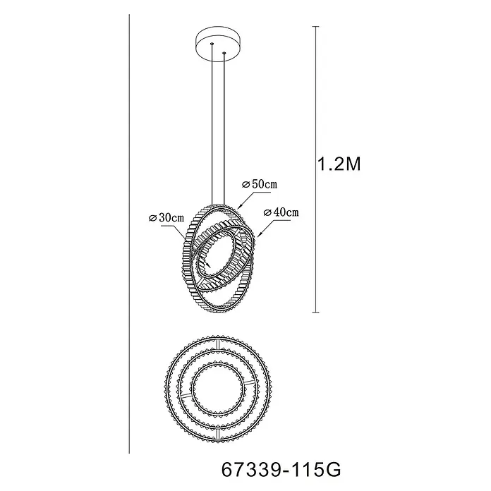 Globo LED-Pendelleuchte rund Neil - 115 W, Höhe: 1.300 mm - Moderne Pendelleuchte mit drei miteinander verbundenen Ringen (Ø30, Ø40, Ø50cm) mit dekorativen Details, Gesamtlänge 1,2m.