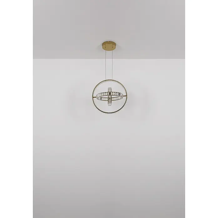 Globo LED-Pendelleuchte rund Neil - 115 W, Höhe: 1.300 mm - Gold- und Kristall-Kronleuchter mit konzentrischen Ringen, verziert mit klaren Kristallen, von der Decke hängend.