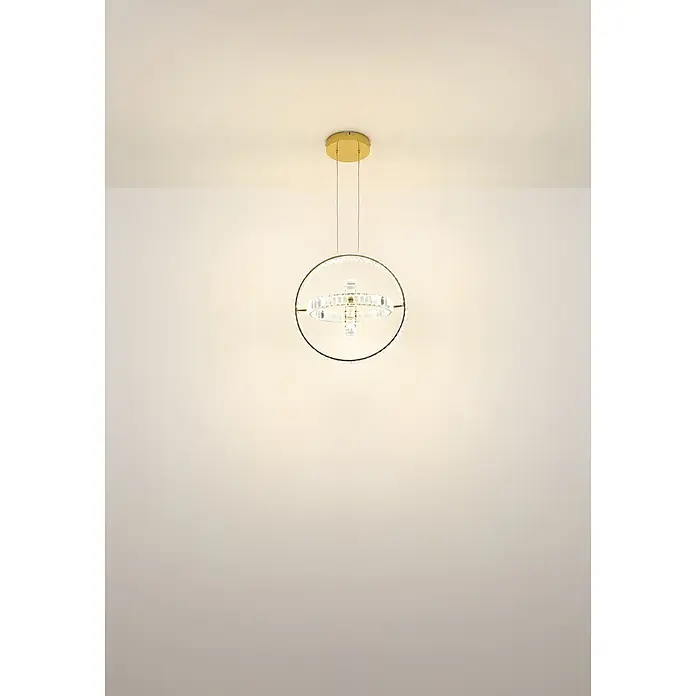 Globo LED-Pendelleuchte rund Neil - 115 W, Höhe: 1.300 mm - Gold- und Kristall-Kronleuchter mit rundem Außenrahmen und beleuchteter Innenstruktur, hängt von der Decke.