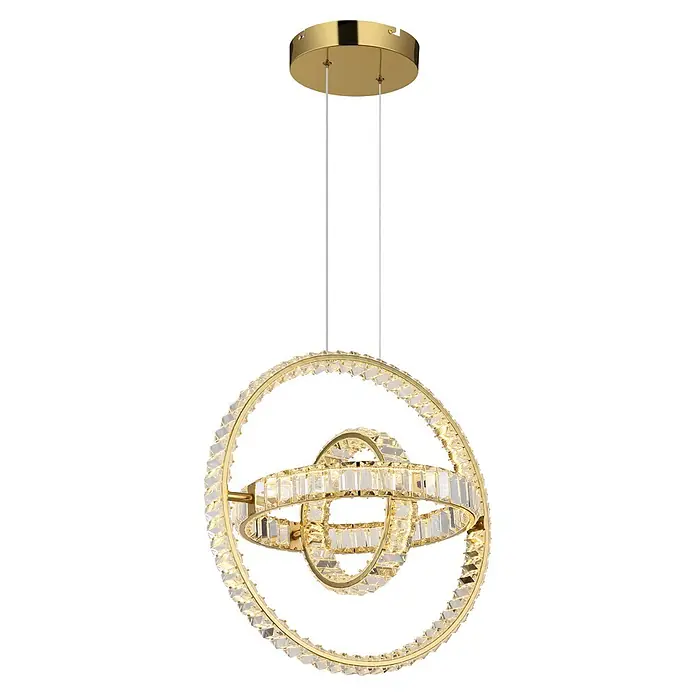Globo LED-Pendelleuchte rund Neil - 115 W, Höhe: 1.300 mm - Ein moderner, goldfarbener Kronleuchter mit ineinandergreifenden, kristallbesetzten Ringen, aufgehängt an einer goldfarbenen Deckenplatte.