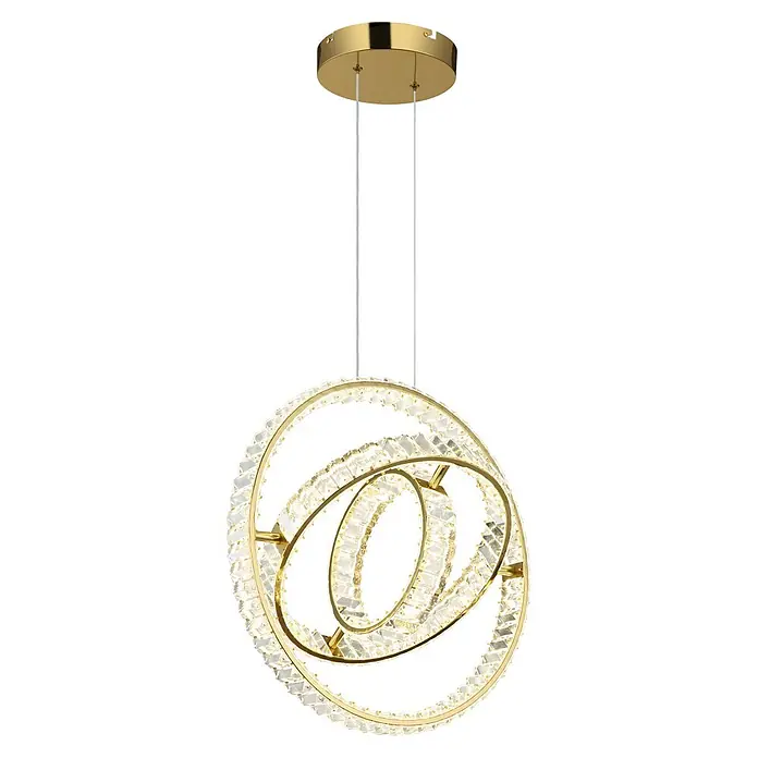 Globo LED-Pendelleuchte rund Neil - 115 W, Höhe: 1.300 mm - Moderne goldene Deckenleuchte mit ineinandergreifenden Ringen, verziert mit klaren Kristallen, von einer runden Deckenplatte hängend.