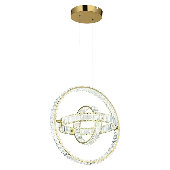 Globo LED-Pendelleuchte rund Neil - 115 W, Höhe: 1.300 mm - Goldener Mehrring-Kronleuchter mit klaren Kristallen, von einer Deckenhalterung abgehängt.