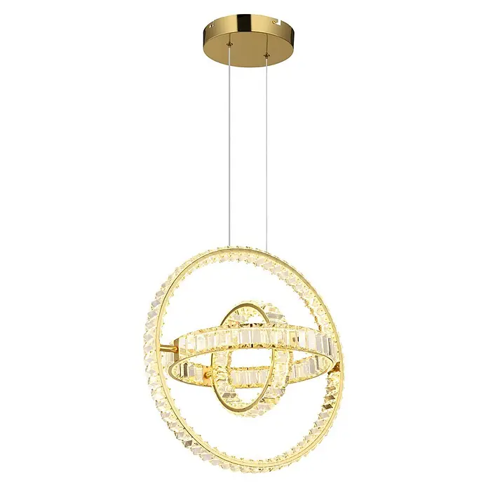 Globo LED-Pendelleuchte rund Neil - 115 W, Höhe: 1.300 mm - Moderne goldene Hängelampe mit mehreren kristallbesetzten Ringen, aufgehängt an einer runden Deckenhalterung.