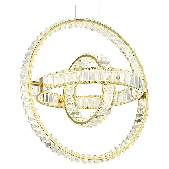Globo LED-Pendelleuchte rund Neil - 115 W, Höhe: 1.300 mm - Goldfarbener Mehrring-Kronleuchter mit klaren Kristallsegmenten.