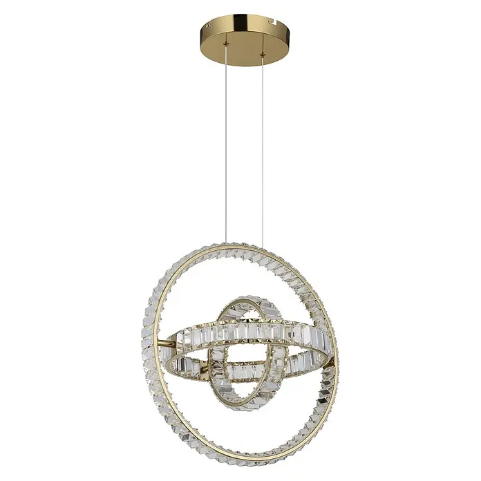 Globo LED-Pendelleuchte rund Neil - 115 W, Höhe: 1.300 mm - Goldfarbener Kronleuchter mit konzentrischen, ineinandergreifenden Ringen, verziert mit klaren Kristallen.