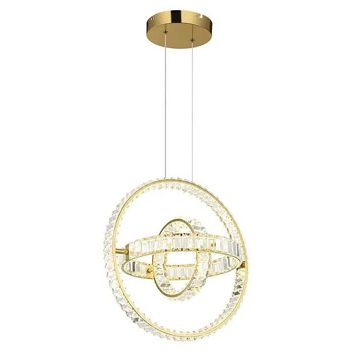 Globo LED-Pendelleuchte rund Neil - 115 W, Höhe: 1.300 mm - Goldfarbener moderner Kronleuchter mit mehreren kreisförmigen Ringen, verziert mit klaren Kristallen, von einer Deckenplatte hängend.