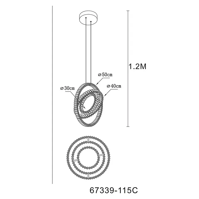 Globo LED-Pendelleuchte rund Neil - 115 W - Pendelleuchte mit drei dekorativen konzentrischen Metallringen (30, 40, 50cm Durchmesser), 1,2m Länge.