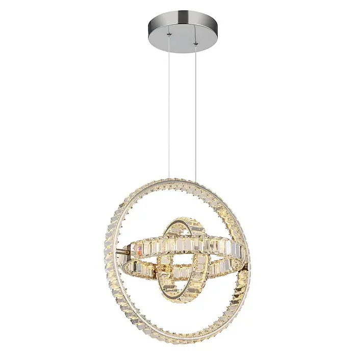 Globo LED-Pendelleuchte rund Neil - 115 W - Moderner Kristall-Kronleuchter mit verschachtelten Ringen aus silberfarbenem Metall und klaren Kristallen, an einer Deckenhalterung.