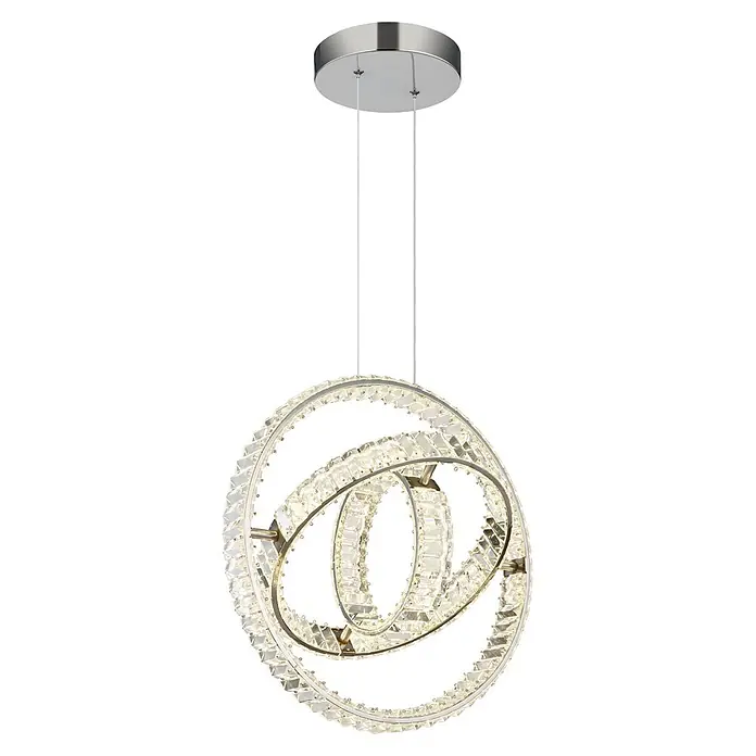 Globo LED-Pendelleuchte rund Neil - 115 W - Moderne Kristallring-Pendelleuchte, aufgehängt an einer silbernen Deckenplatte.