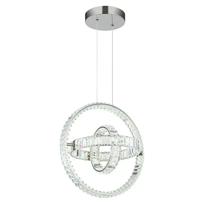 Globo LED-Pendelleuchte rund Neil - 115 W - Eleganter Kristall-Kronleuchter mit silbernem Metallrahmen und mehreren funkelnden Ringen, von der Decke hängend.