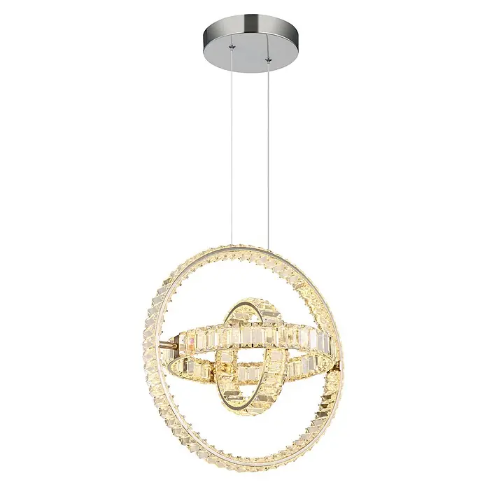 Globo LED-Pendelleuchte rund Neil - 115 W - Kristall-Kronleuchter mit mehreren verschachtelten Ringen, die eine Kugel bilden, von einer silbernen Deckenplatte hängend.