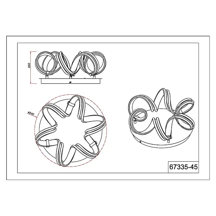 Globo LED-Deckenleuchte Kuni - 37,5 W - Technische Zeichnung einer modernen LED-Deckenleuchte mit dekorativen Kurvenelementen, H 250mm, Ø 540mm.