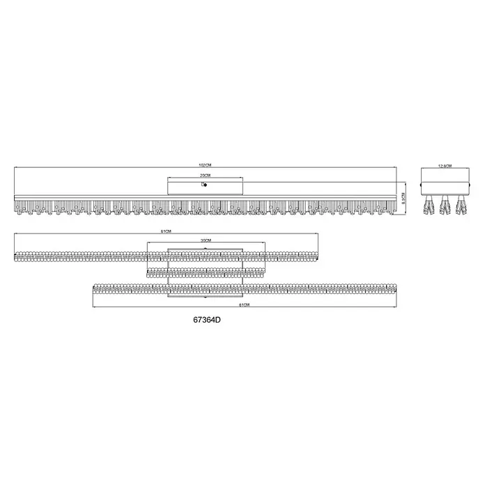 Globo LED-Deckenleuchte Hilton - 36 W, L x B x H: 1.020 x 128 x 85 mm, Warmweiß - Technische Zeichnung einer linearen Pendelleuchte mit länglichem Gehäuse und vielen kleinen, hängenden Einzelleuchten, inkl. Maßen.