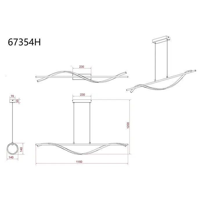 Globo LED-Pendelleuchte rund Watkins - 30 W, Warmweiß - Technische Zeichnung einer modernen, linearen Pendelleuchte mit wellenförmigen Elementen und wichtigen Maßen.