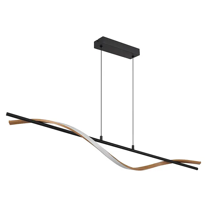 Globo LED-Pendelleuchte rund Watkins - 30 W, Warmweiß - Moderne schwarze Pendelleuchte mit linearer Stange und welligem, verschlungenem hellem Holz- und Weiß-Element, von schwarzer Deckenhalterung hängend.