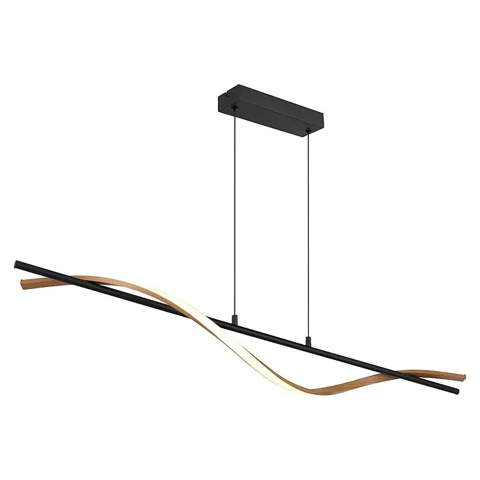 Globo LED-Pendelleuchte rund Watkins - 30 W, Warmweiß - Moderne Pendelleuchte mit schwarzem Linearstab und integriertem, beleuchtetem Wellenholzelement.